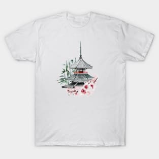 Japanese Painting of Beautiful Pagoda among Cherry Blossoms and Bamboo T-Shirt